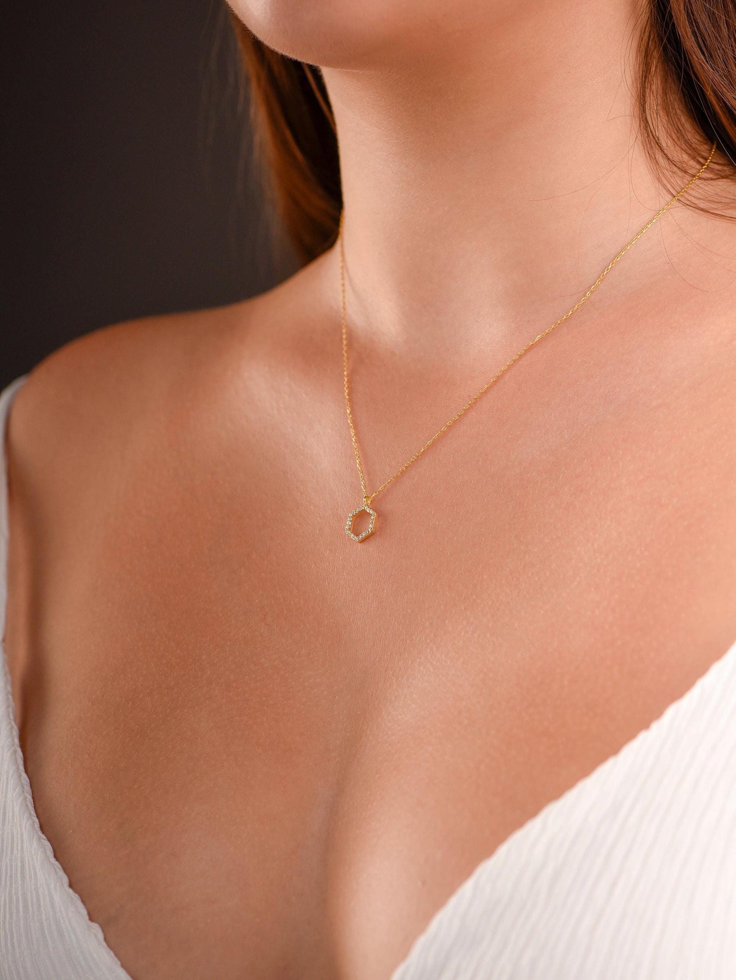 14K Yellow Gold Hexagon Diamond Necklace - Geometric Minimalist Pendant Gift for Her