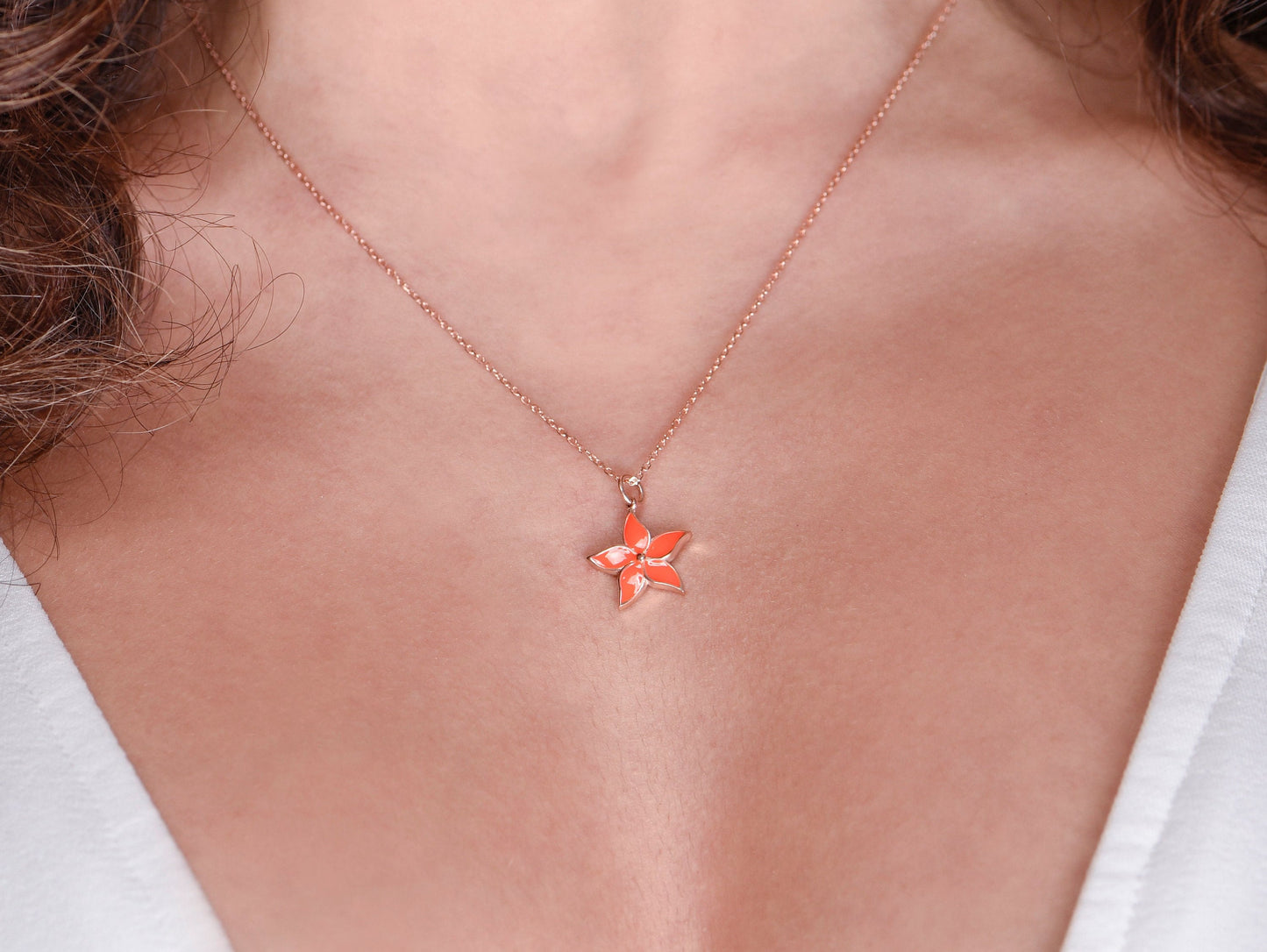 14K Rose Gold Orange Enamel Flower Necklace - Dainty Floral Pendant Gift for Her