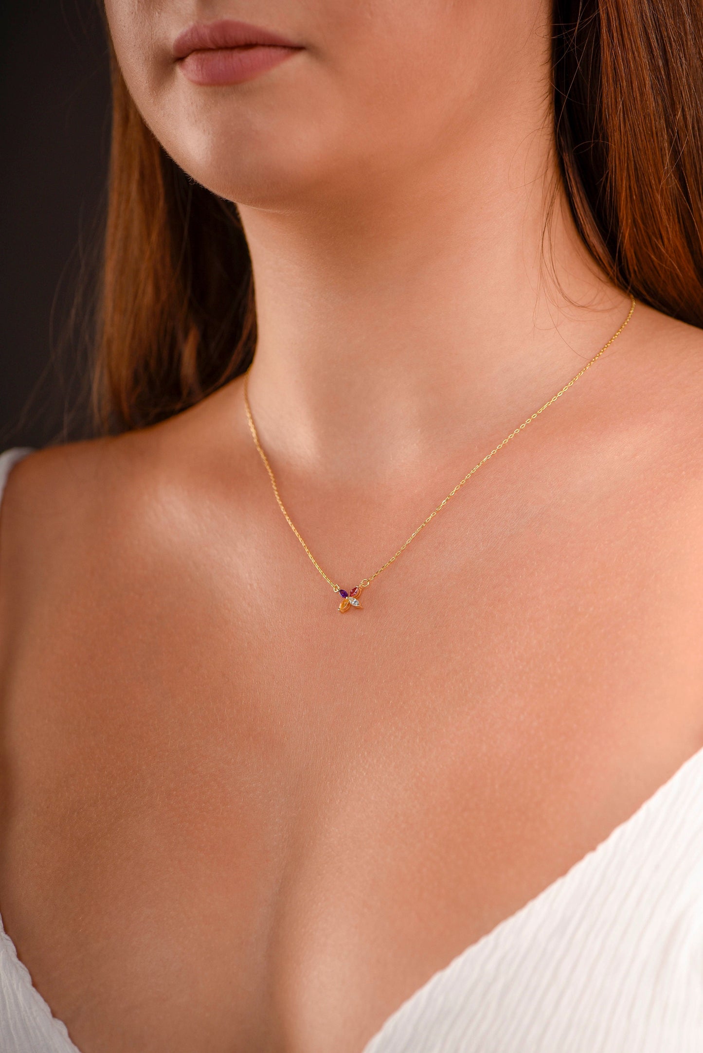 14K Yellow Gold Multicolor Gemstone Flower Necklace - Marquise Cut Pendant Gift for Her