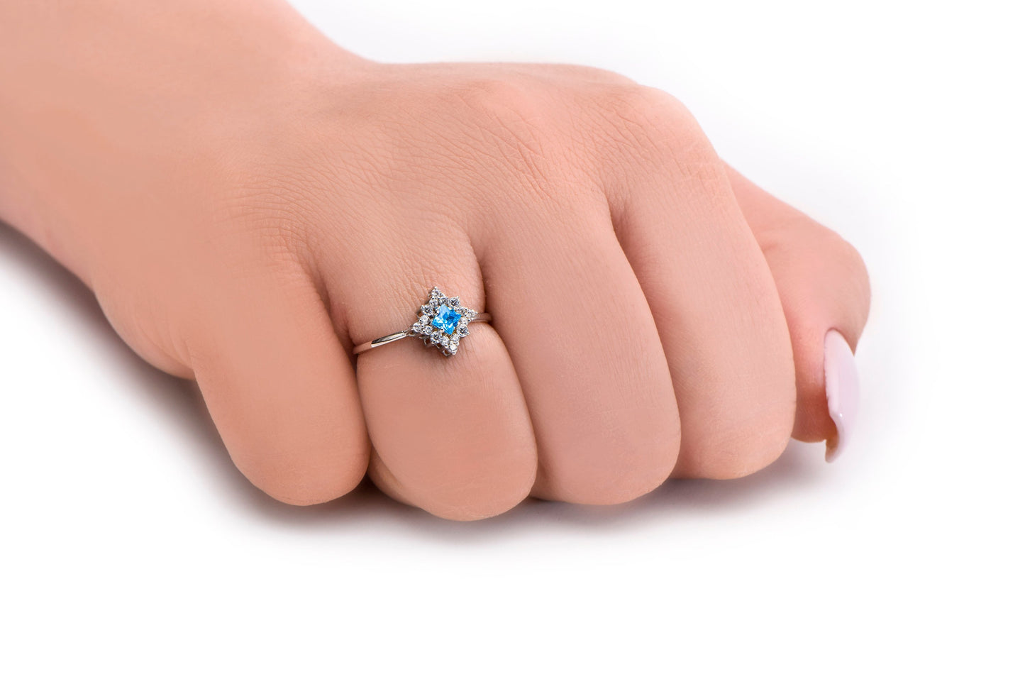 Princess Cut Blue Gemstone Halo Ring – 14K White Gold with Natural Diamonds | Vintage Inspired Handmade Mother’s Day Gift