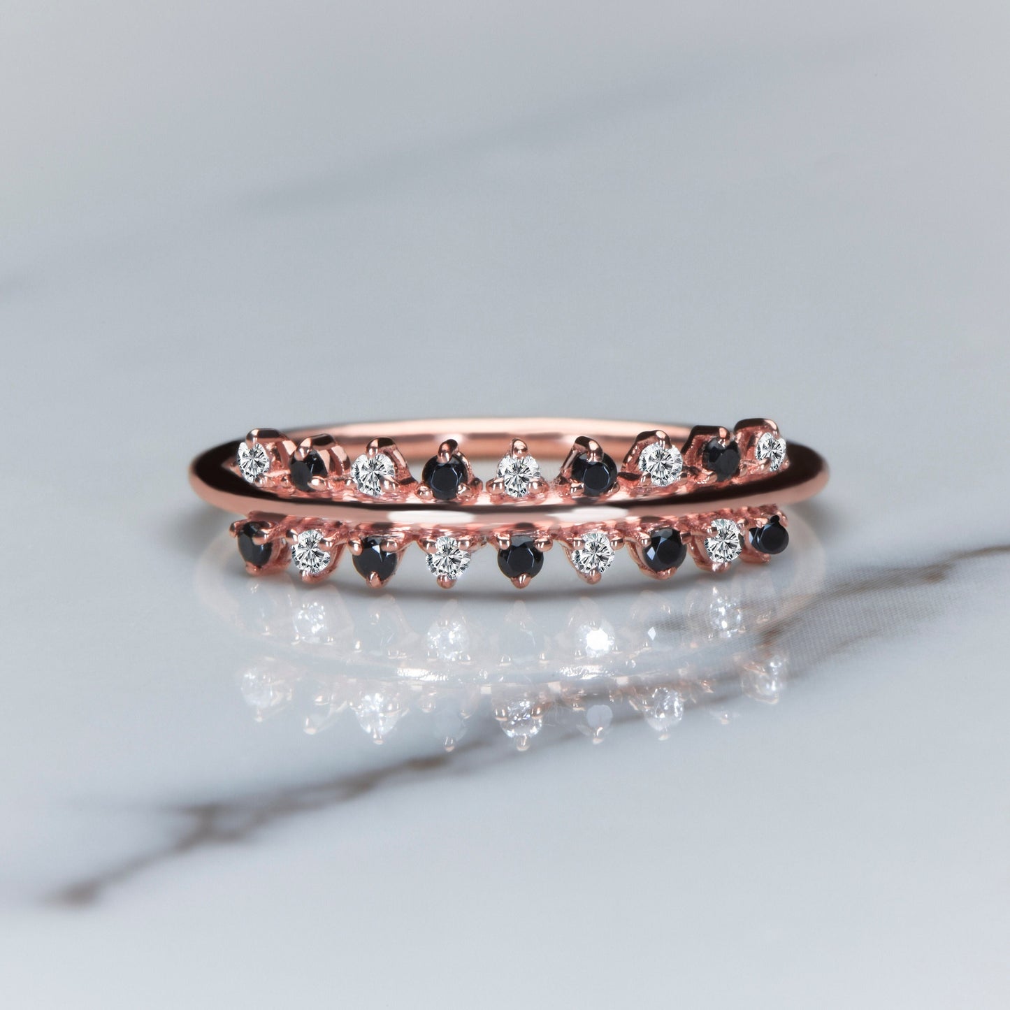 14K Solid Gold Black and White Diamond Half Eternity Ring – Dainty Stacking Ring