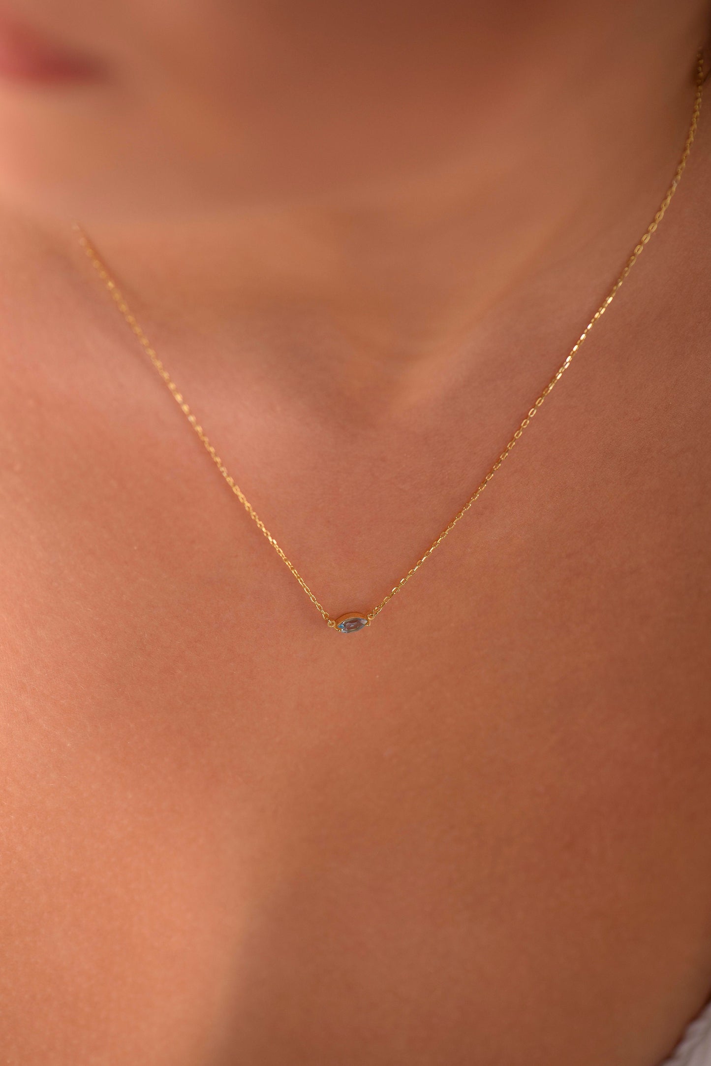 14K Yellow Gold Marquise Aquamarine Necklace - Dainty Blue Gemstone Pendant for Her