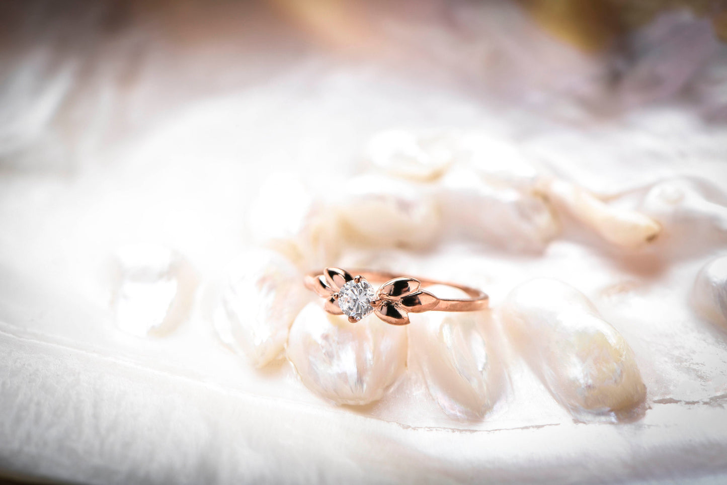 14K Solid Gold Elegant Diamond Rose Gold Solitaire Ring with Leaf Inspired Design,Perfect for Engagements, Gift For Mom