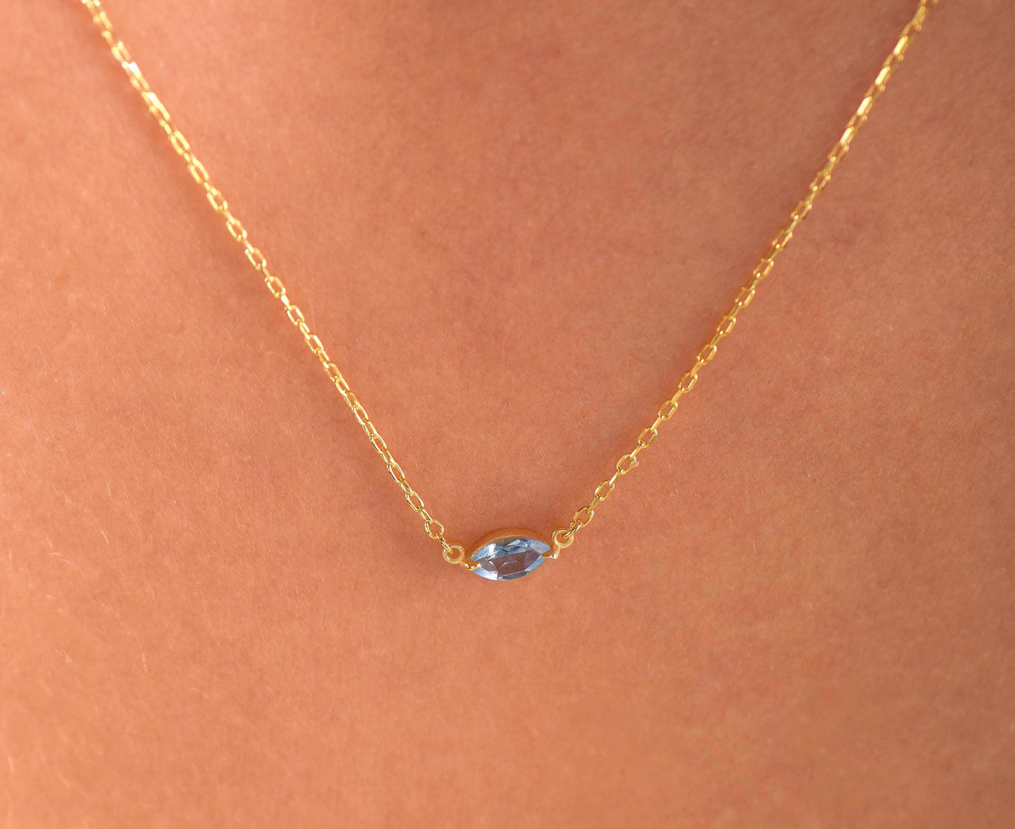 14K Yellow Gold Marquise Aquamarine Necklace - Dainty Blue Gemstone Pendant for Her