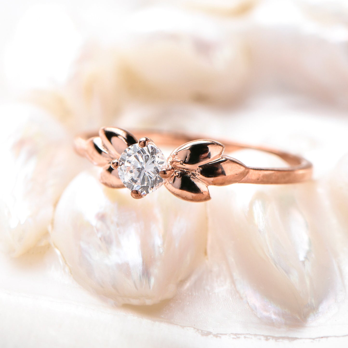 14K Solid Gold Elegant Diamond Rose Gold Solitaire Ring with Leaf Inspired Design,Perfect for Engagements, Gift For Mom