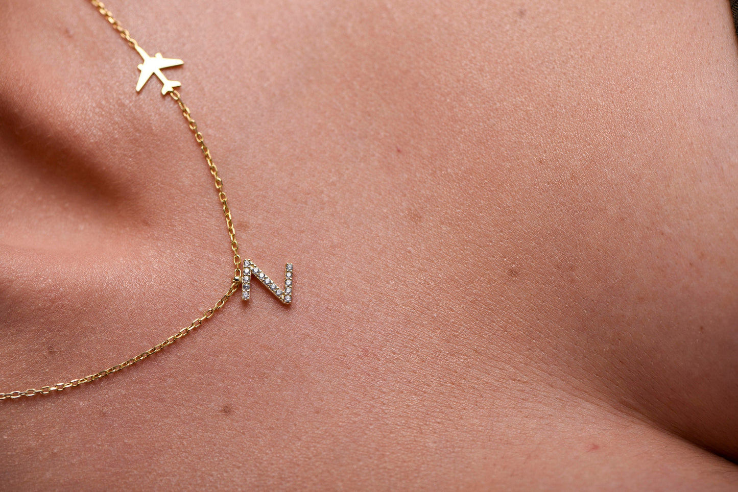 Elegant Solid Gold Airplane Chain Letter Pendant-Unique Aviation Jewelry-Pilot and Stewardess Necklace-Sky Necklace-Christmas Gift Necklace
