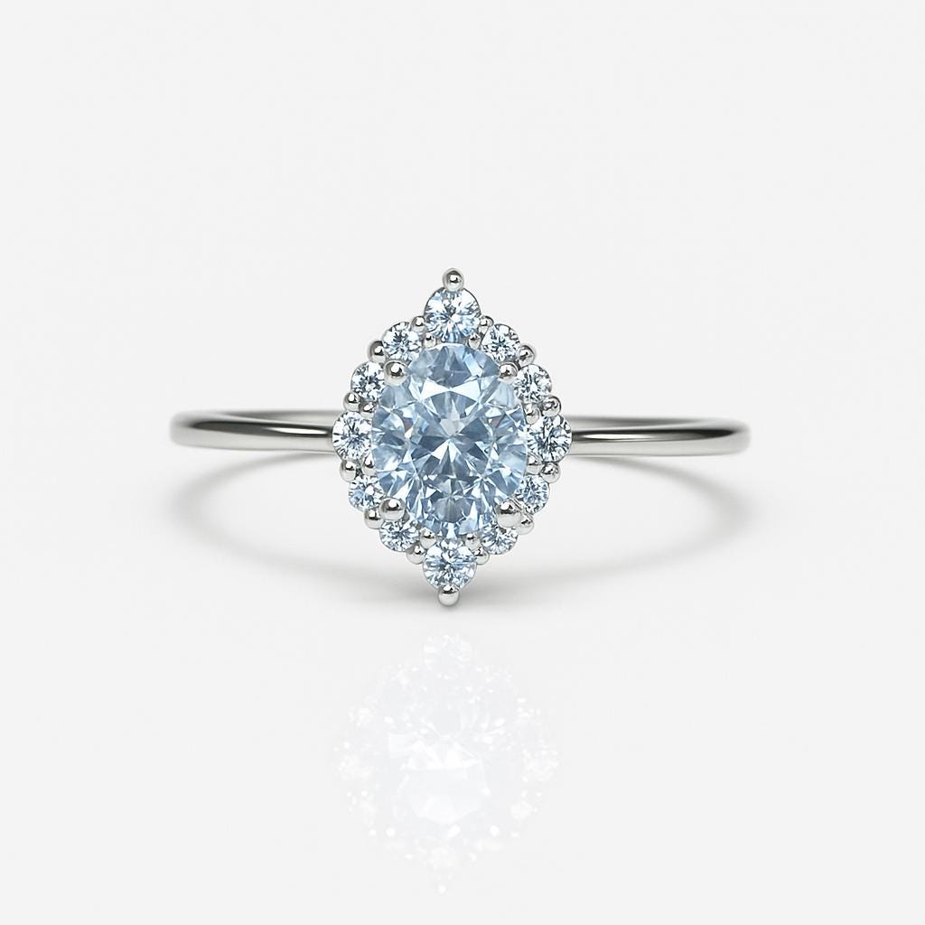 Halo Diamond Engagement Ring – 14K White Gold, 1.10ct, Customizable Stone, Handmade Dainty Ring