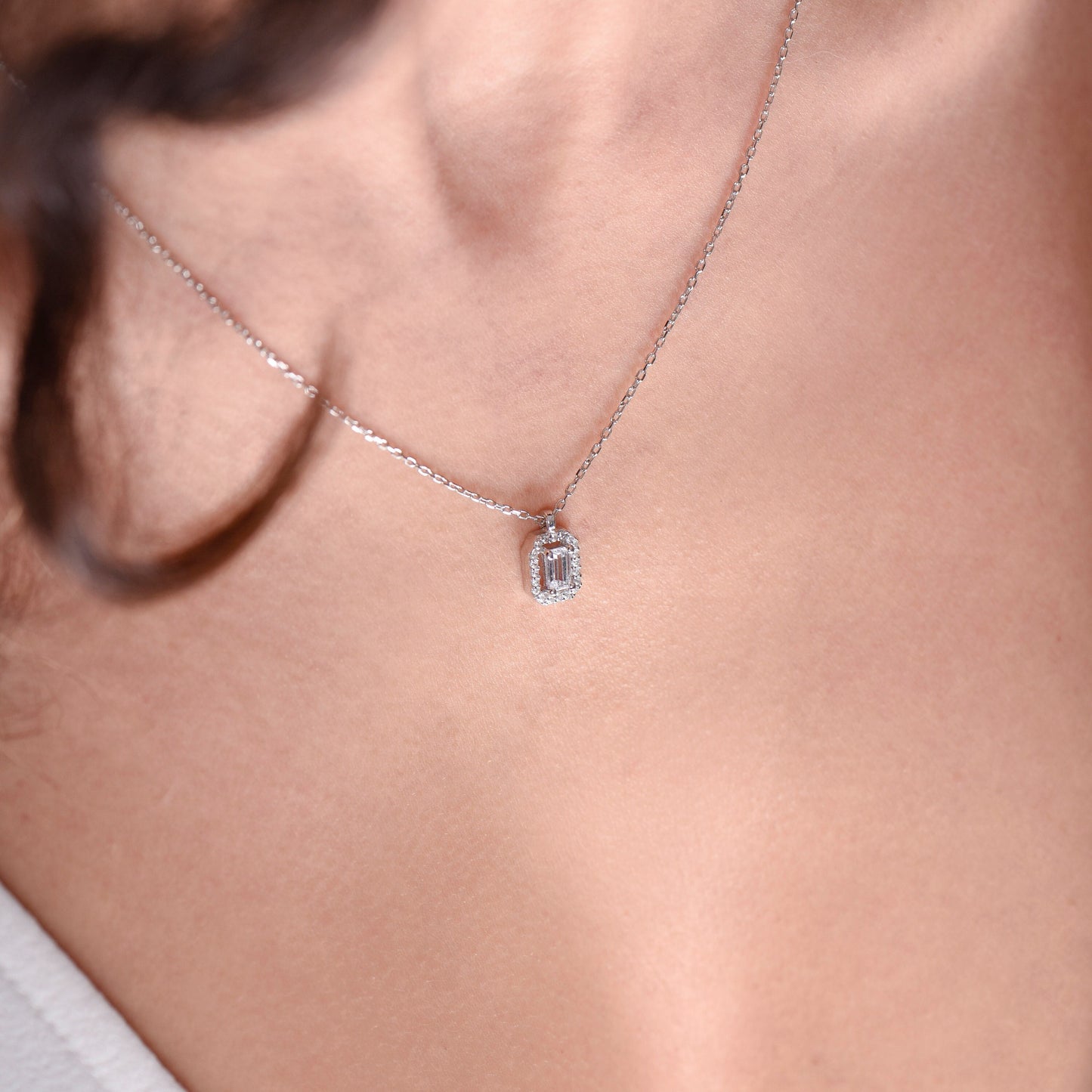 Emerald Cut Diamond Necklace, Baguette Moissanite Halo Pendant,14k Solid White Gold Necklace,Diamond Necklace,Christmas Gift Necklace