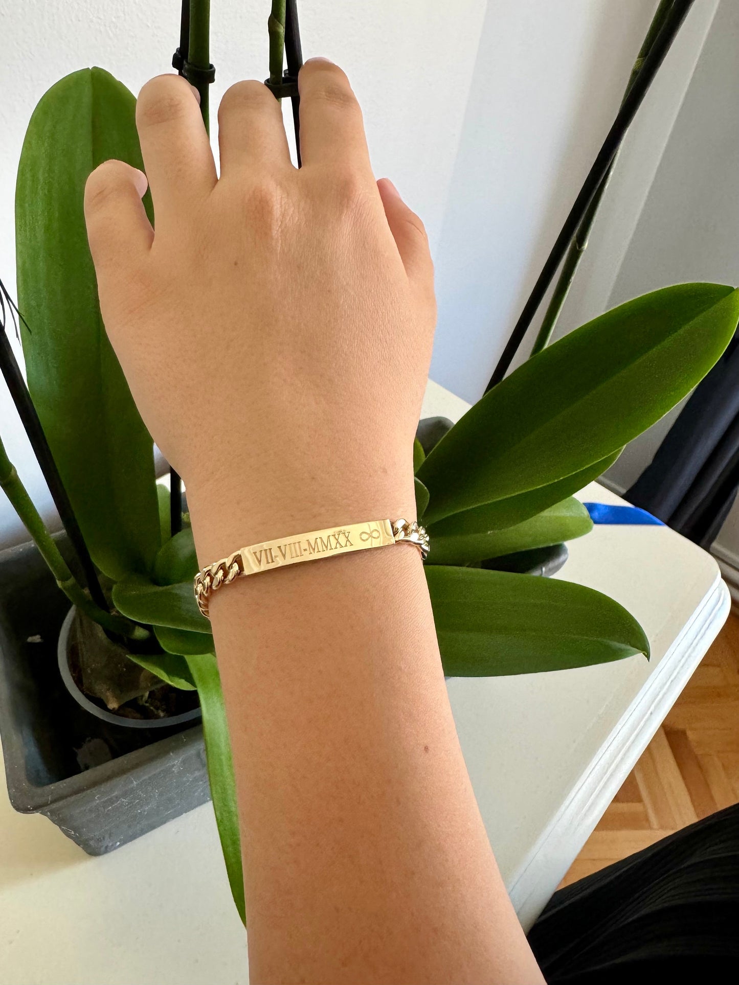 14K Gold ID Bracelet, Name Date Bar Cuban Link Bracelet, Personalized Engraved Bar Gold Bracelet,Valentine’s Day Gift,Gift for Love