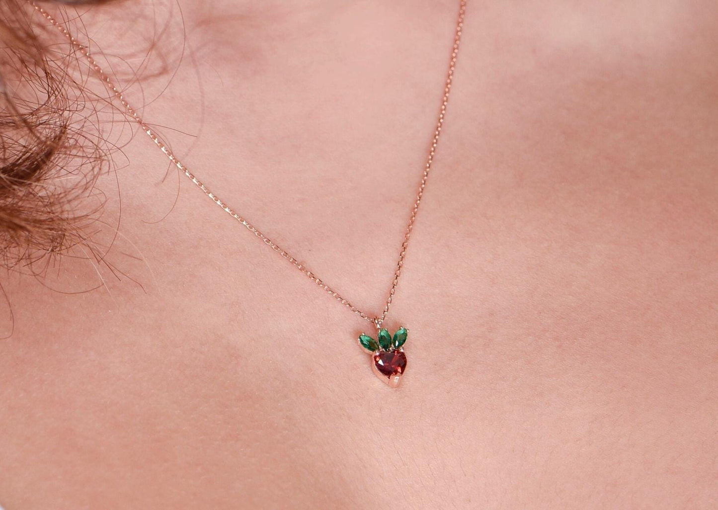 14K Gold Strawberry Pendant Necklace - Heart Cut Garnet and Emerald Marquise Gemstones, Cute Fine Jewelry Gift