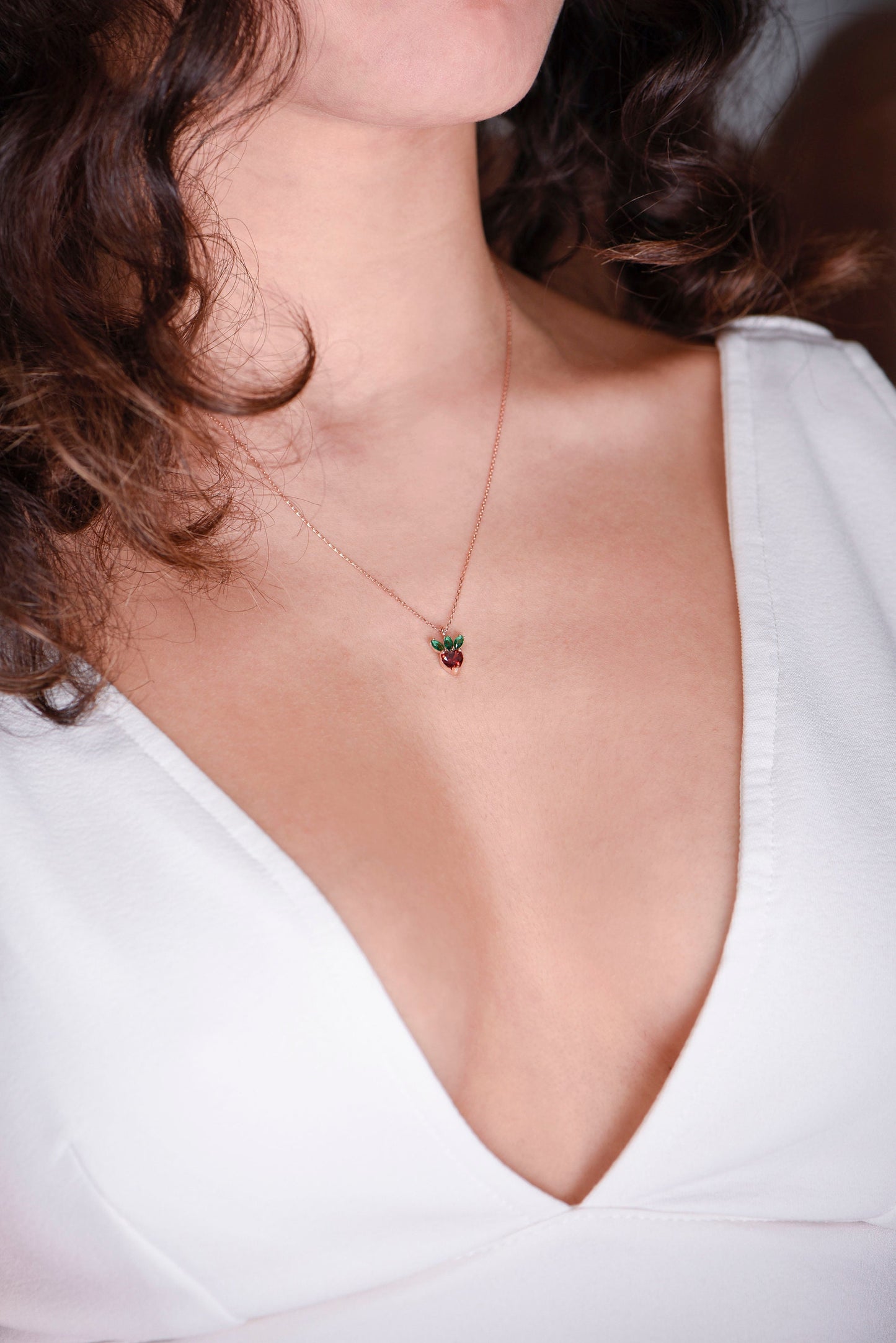 14K Gold Strawberry Pendant Necklace - Heart Cut Garnet and Emerald Marquise Gemstones, Cute Fine Jewelry Gift