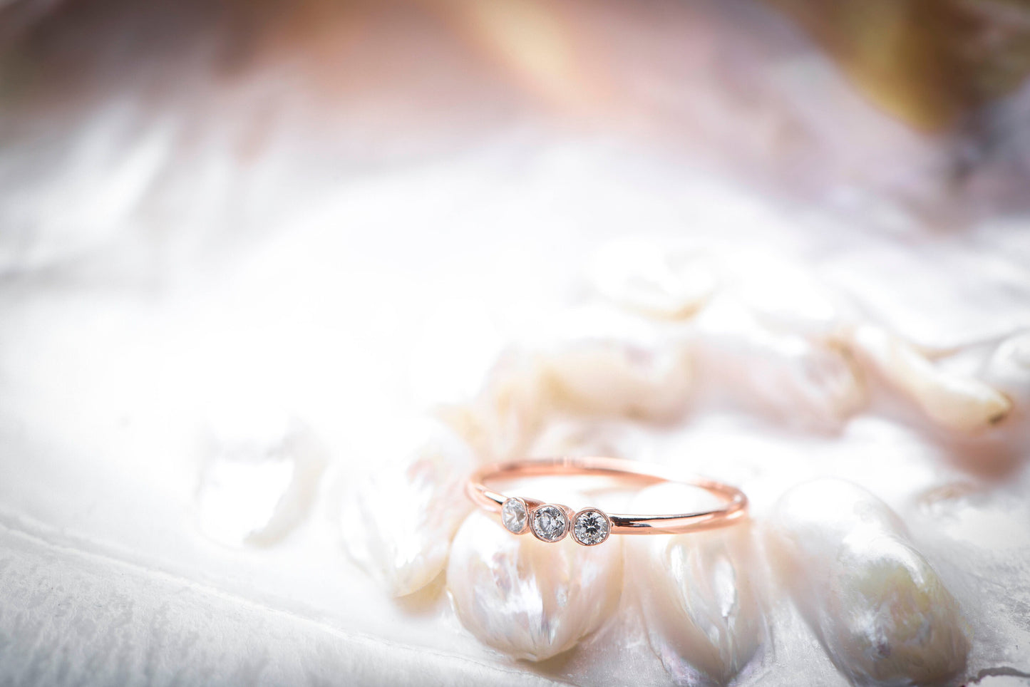 Three Stone Bezel Set Ring in 8K 14K 18K Gold | Customizable Birthstone Diamond Zircon Option | Dainty Trio Ring