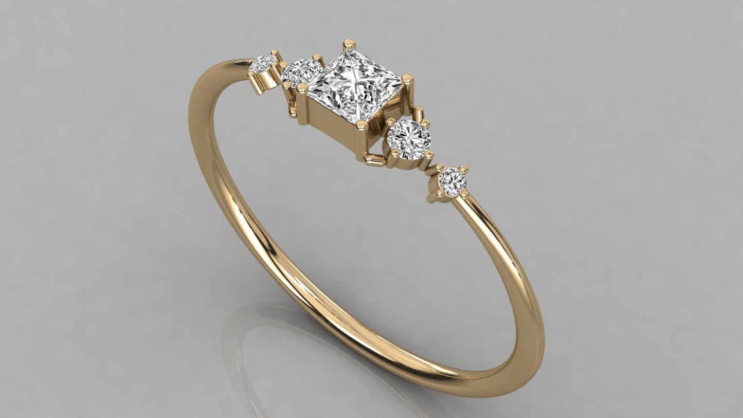 14K Gold Princess Cut Diamond Ring, Dainty Thin Band Engagement Ring with Side Round Accents, Elegant Gift for Her