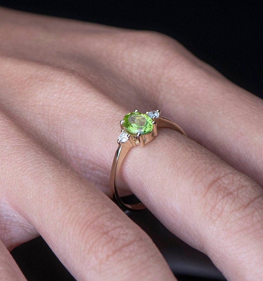 Oval Peridot and Diamond Ring in 14k Gold – August Birthstone Engagement or Gift Ring