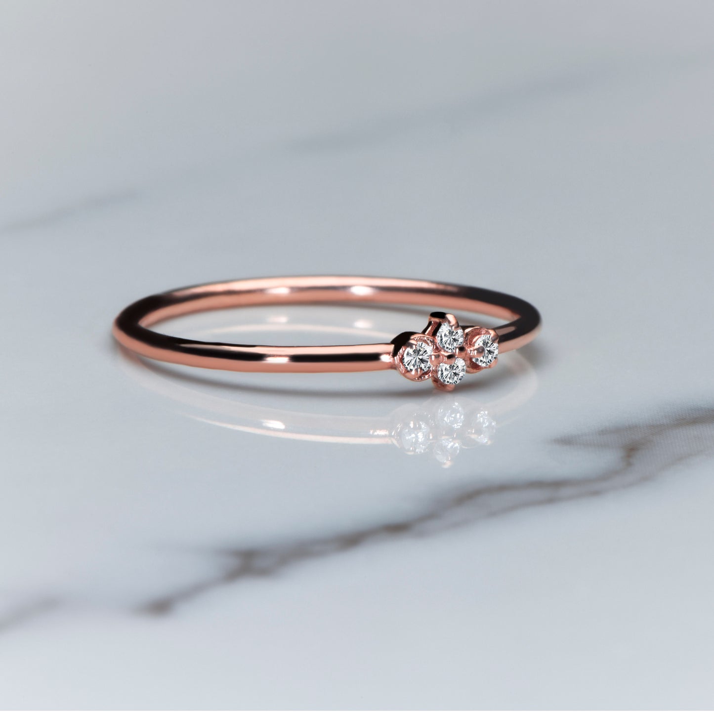 14K Rose Gold Minimalist Diamond Ring, Dainty Thin Band with Four Round Cut Diamonds, Everyday Fine Jewelry for Her