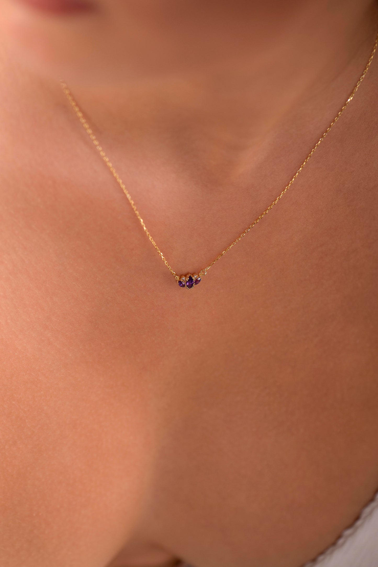 14K Yellow Gold Amethyst and Diamond Necklace - Marquise Cut Minimalist Pendant Gift for Her