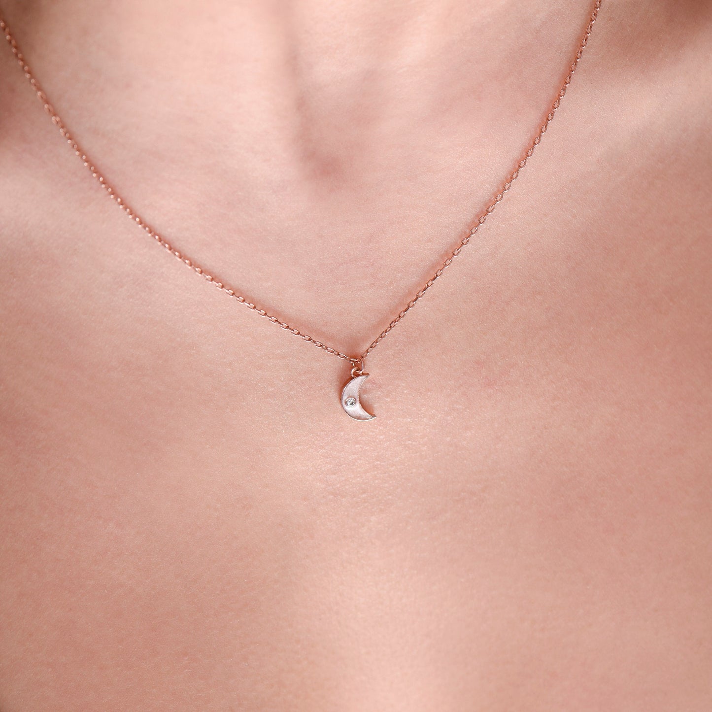 Moon Necklace,Tiny Solid Gold Moon Necklace with Shimmering Diamonds and Enamel Accent,Dainty Crescent Necklace,Christmas Gift Necklace