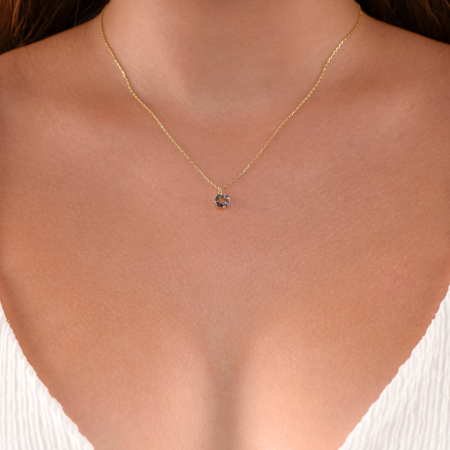 14K Yellow Gold London Blue Topaz Circle Necklace - Marquise Cut Gemstone Pendant for Her