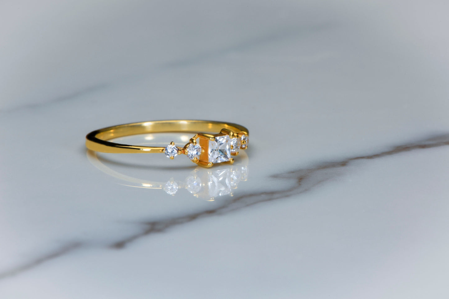 14K Gold Princess Cut Diamond Ring, Dainty Thin Band Engagement Ring with Side Round Accents, Elegant Gift for Her