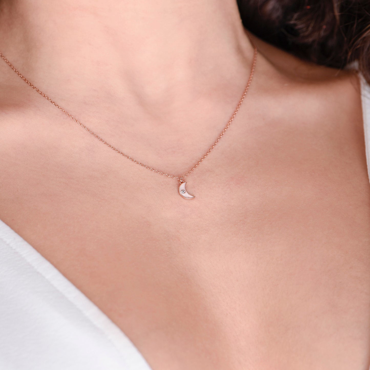 Moon Necklace,Tiny Solid Gold Moon Necklace with Shimmering Diamonds and Enamel Accent,Dainty Crescent Necklace,Christmas Gift Necklace