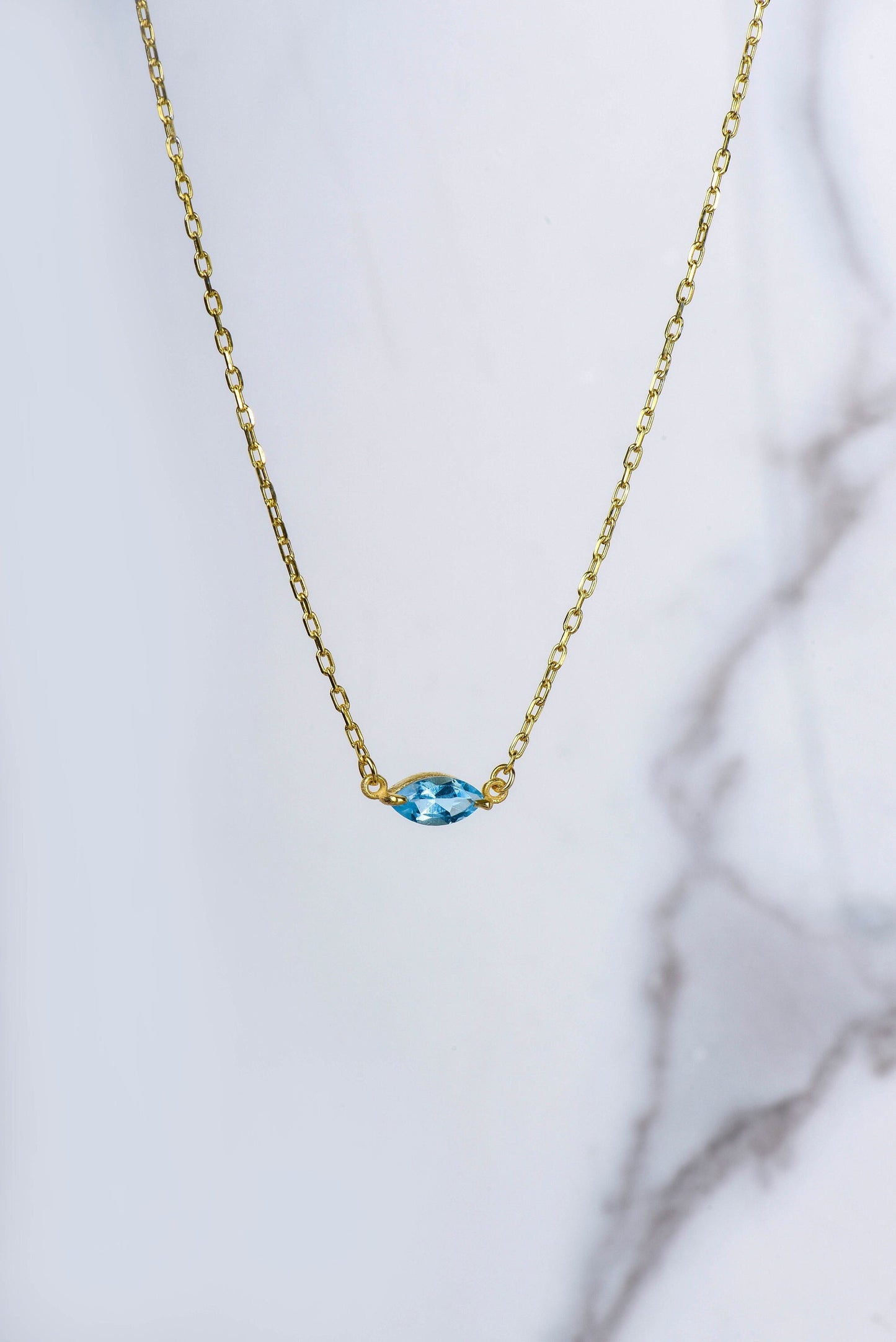 14K Yellow Gold Marquise Aquamarine Necklace - Dainty Blue Gemstone Pendant for Her