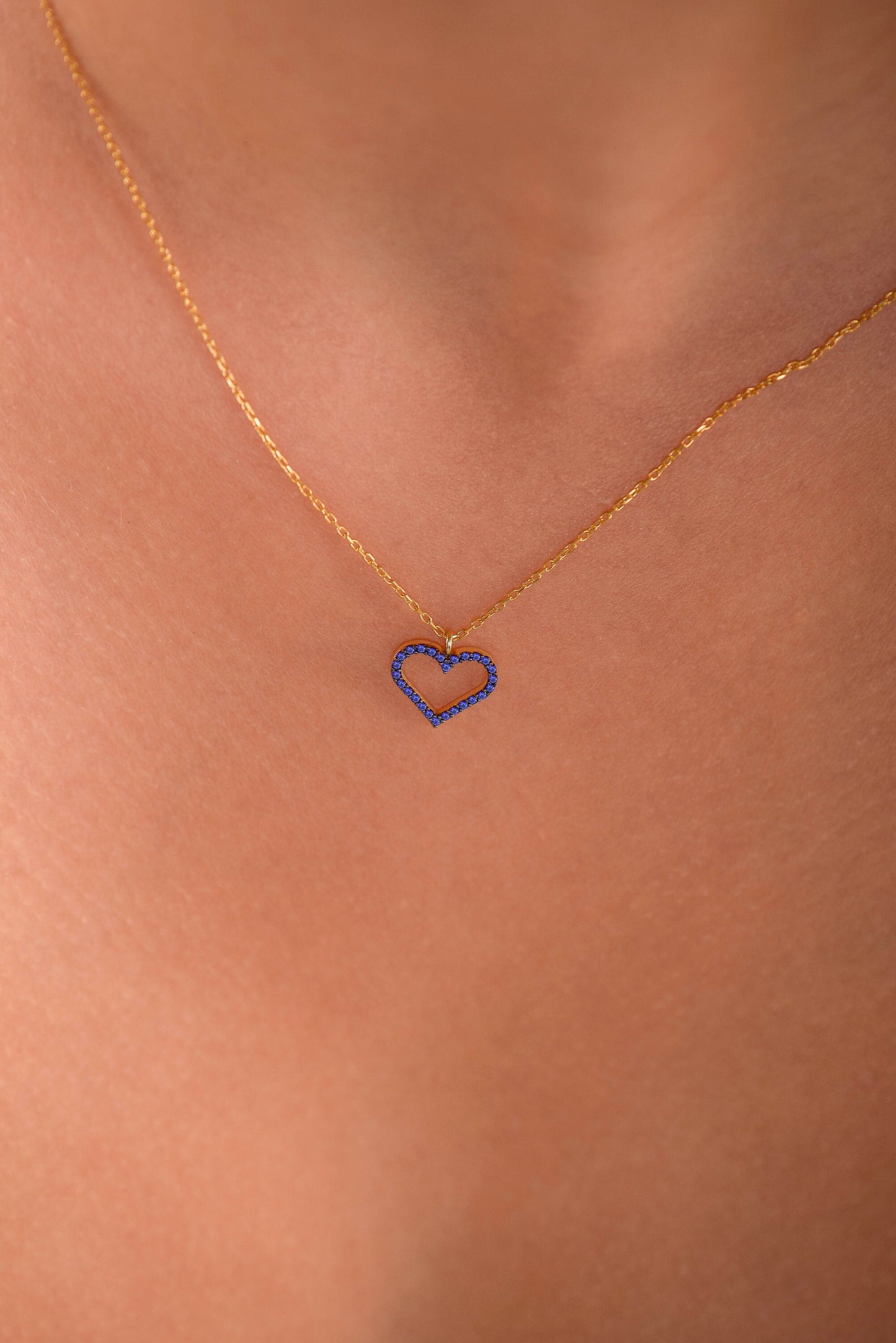 Sapphire Heart Necklace in 14K or 8K Gold - Blue Gemstone Pendant Gift for Her