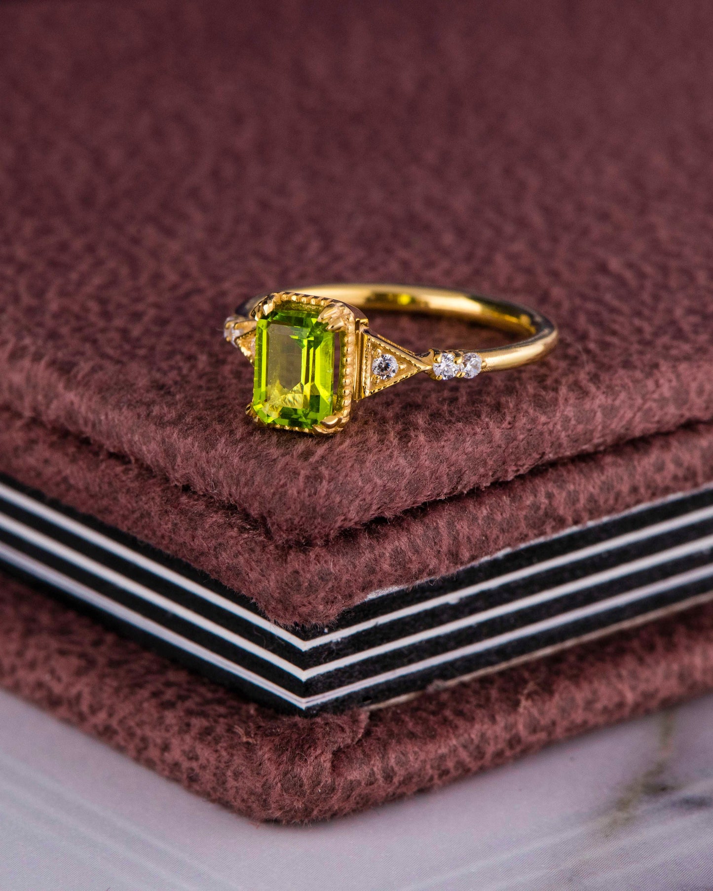 Emerald Cut Peridot and Diamond Ring in 14k Gold – Vintage Engagement or Mother’s Day Gift
