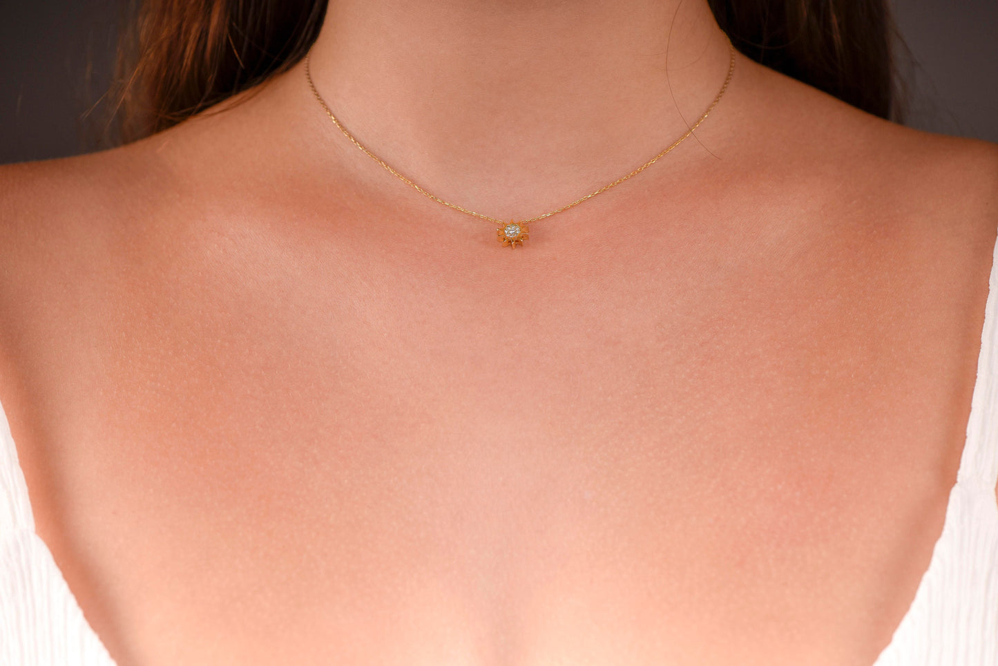Solid Gold Sun Necklace, Minimalist Gold Necklace, Diamond Gold Necklace, Minimalist Sun Necklace, Planet Necklace, Gift For Mom