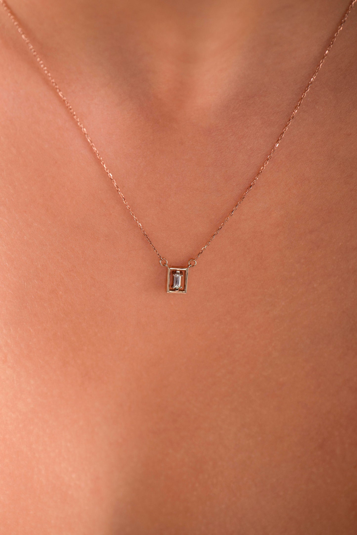 14K Solid Gold Baguette Stone Necklace,Baguette Stone Necklace,Framed Gold Necklace,Customizable Baguette Necklace, Gift For Mom