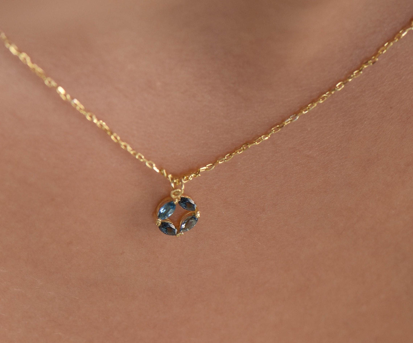 14K Yellow Gold London Blue Topaz Circle Necklace - Marquise Cut Gemstone Pendant for Her