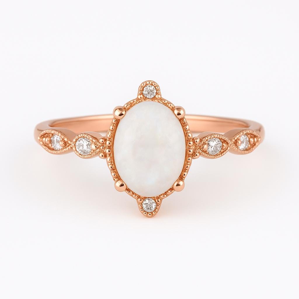 Vintage Opal and Diamond Ring in Solid 14k Gold – Rose Gold Oval Engagement Ring – October Birthstone Gift for Her