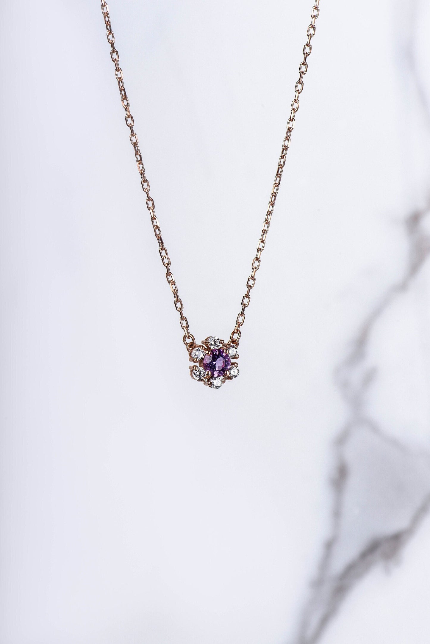 14K Yellow Gold Amethyst and Diamond Flower Necklace - Dainty Purple Gemstone Pendant for Her