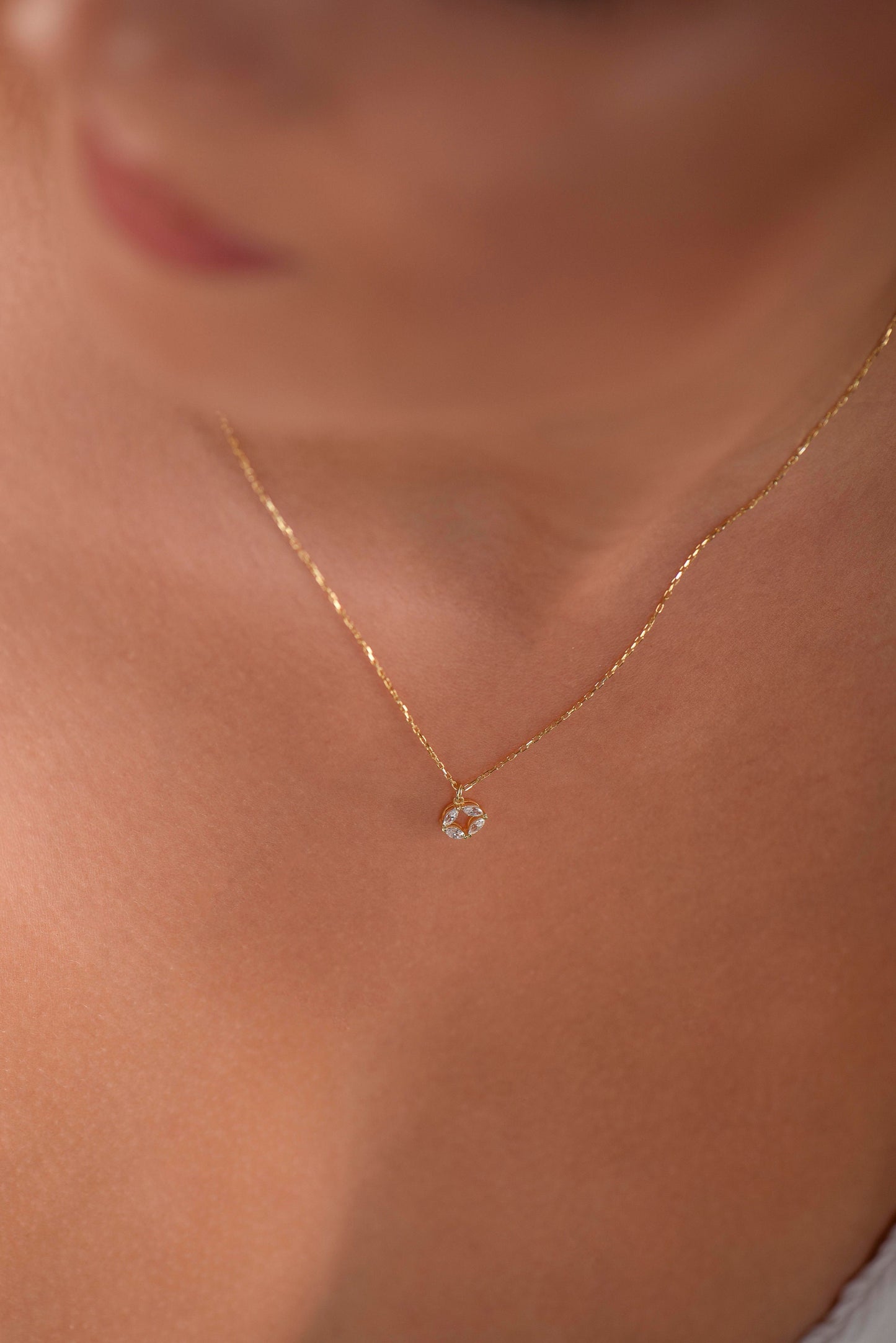 14K Yellow Gold White Sapphire Circle Necklace - Marquise Cut Gemstone Pendant for Women