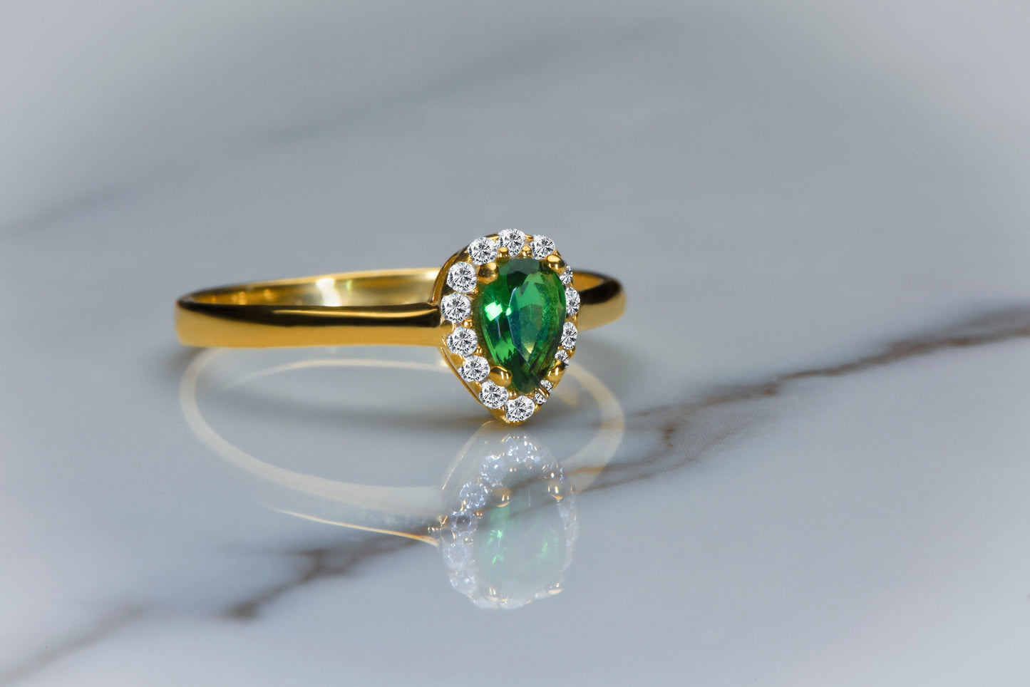 ear Cut Lab Emerald and Diamond Halo Ring in 14k Gold – Vintage Inspired Engagement or Gift for Her