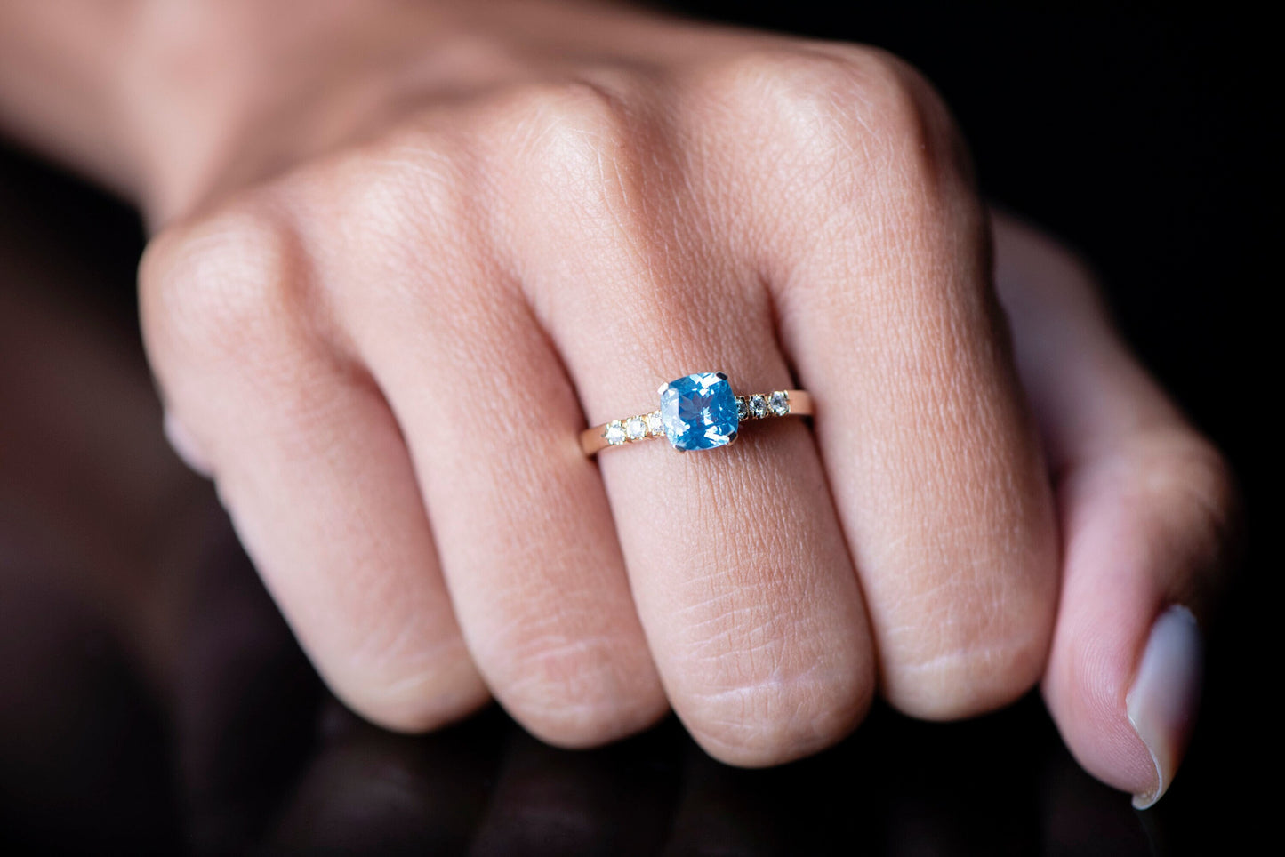 Aquamarine and Diamond Ring in 14k Gold – Cushion Cut Blue Gemstone Engagement or Mother’s Day Gift