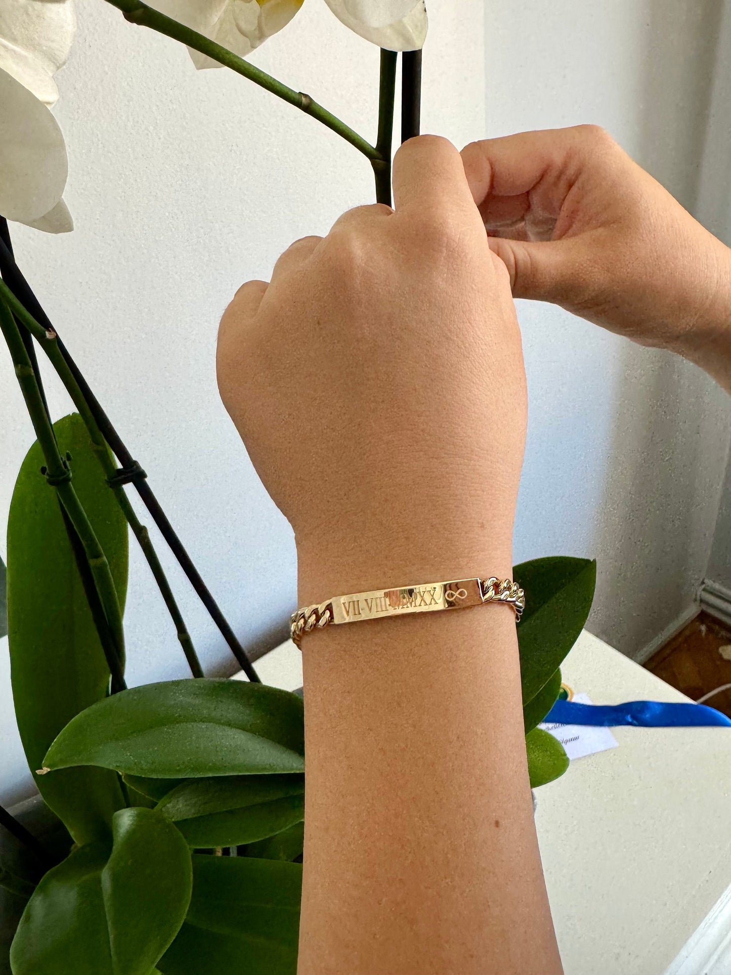 14K Gold ID Bracelet, Name Date Bar Cuban Link Bracelet, Personalized Engraved Bar Gold Bracelet,Valentine’s Day Gift,Gift for Love