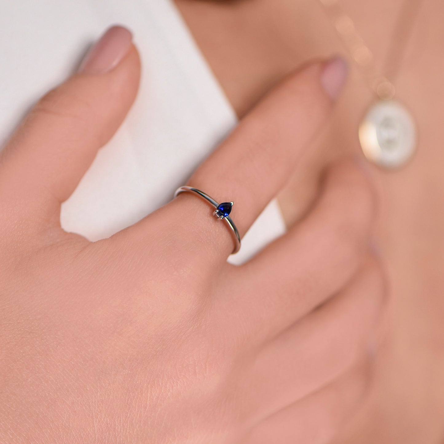 Pear Cut Sapphire Ring – 14K White Gold | Minimal Gemstone Ring | Mother’s Day Gift | Handmade Fine Jewelry
