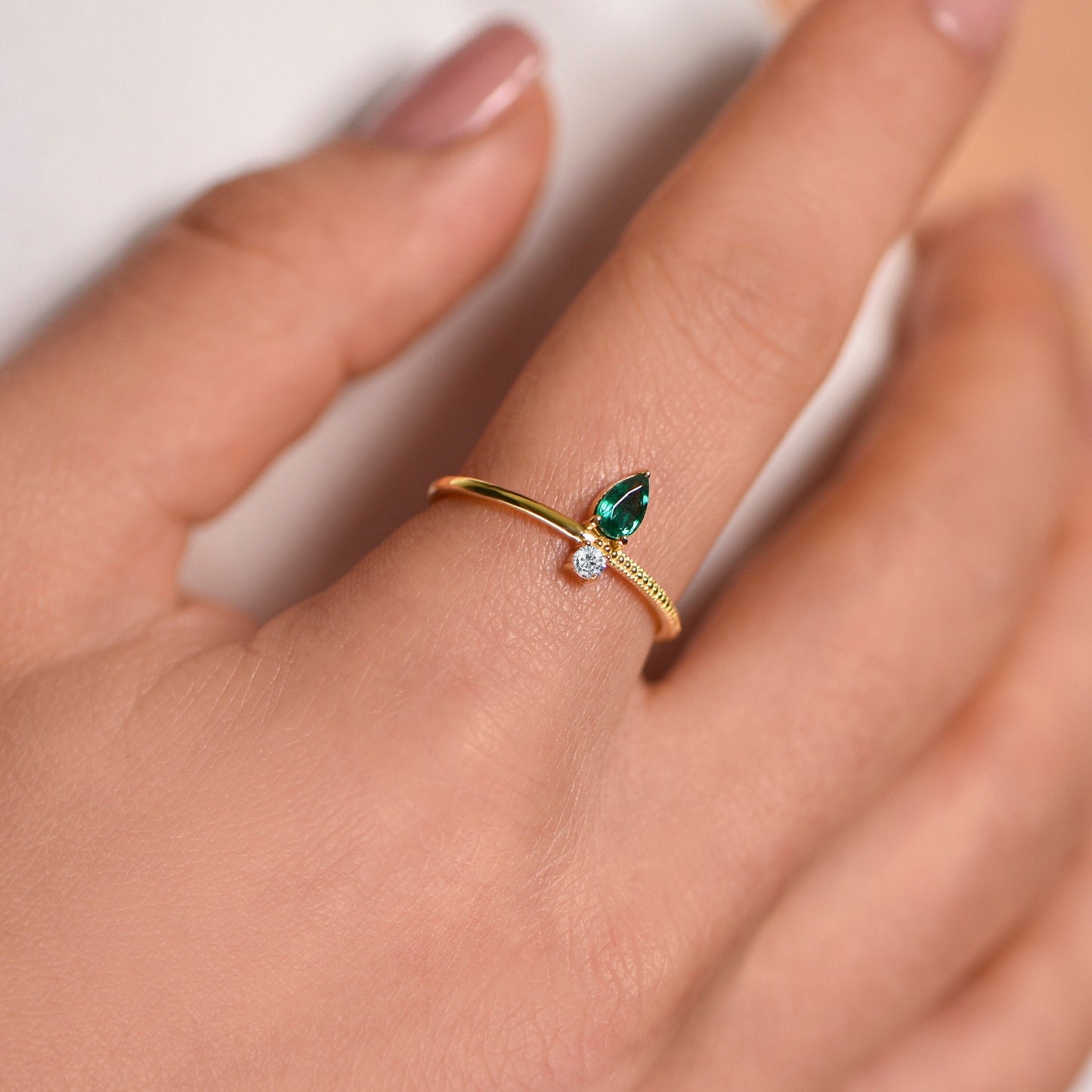 Pear Cut Emerald Ring – 14K Yellow Gold | Minimal Diamond Ring | Custom Birthstone Gift | Mother’s Day Jewelry