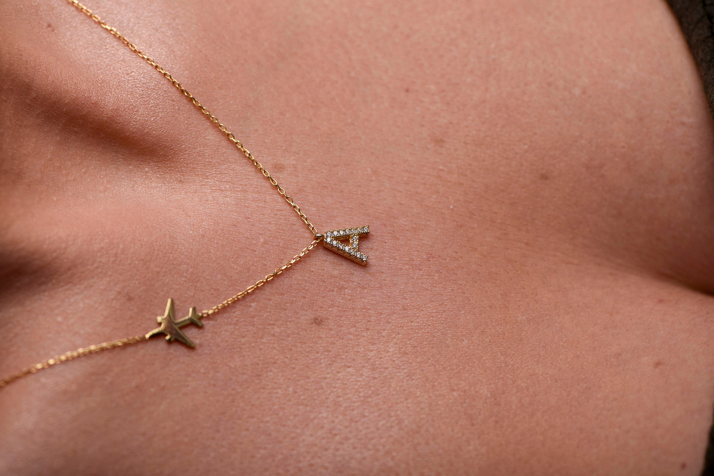 14K Gold Letter Airplane Necklace/Diamond Letter Necklace/Gold Aircraft Necklace/Personalized Letter Necklace/Gift For Mom