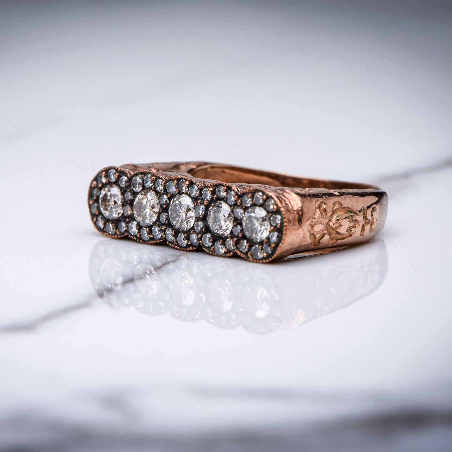 Solid Gold Ring, 5 Stone Ring with Antiqued Detail, Vintage Style Diamond Ring, April Gift Ring, Wedding Gift Ring,Gift For Mom