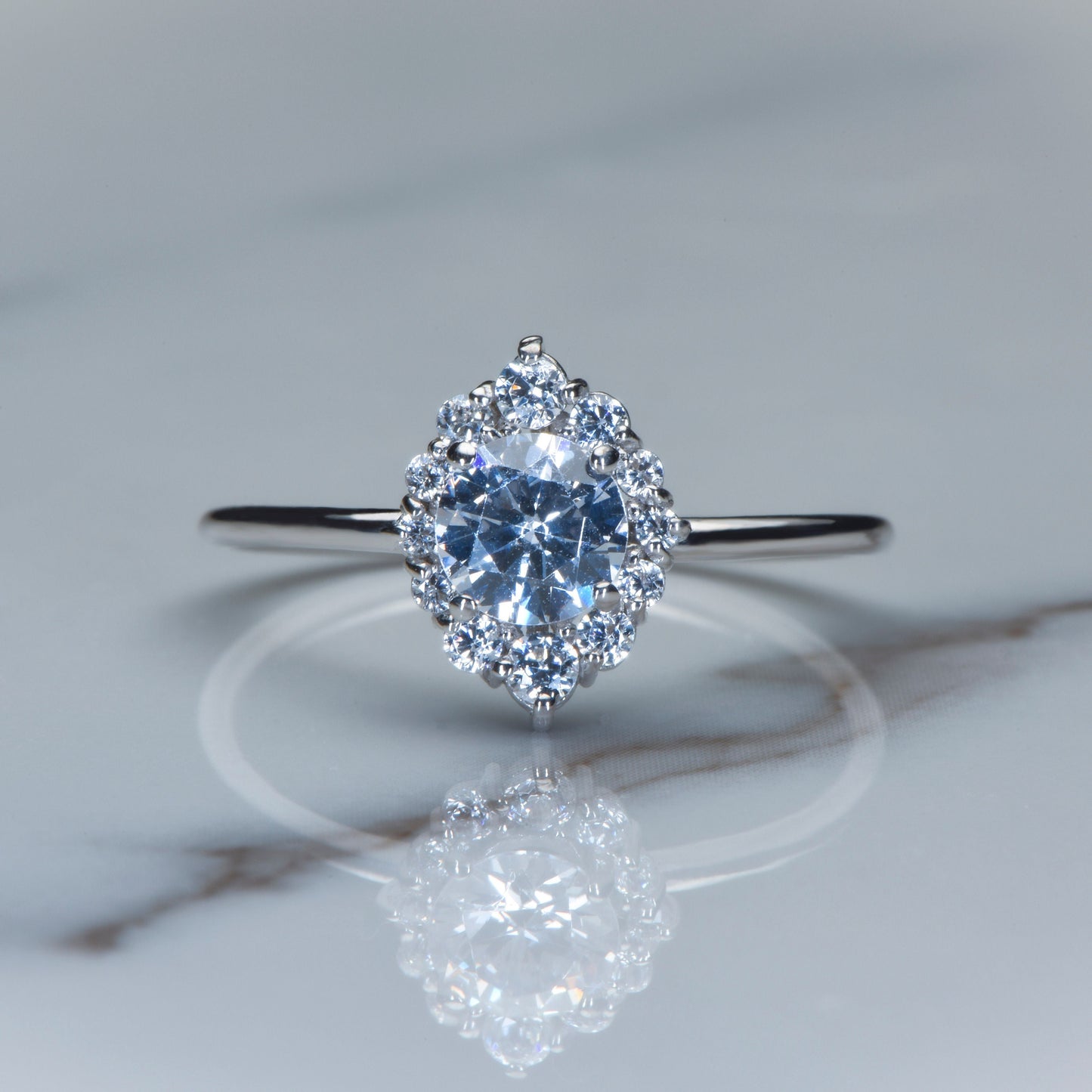 Halo Diamond Engagement Ring – 14K White Gold, 1.10ct, Customizable Stone, Handmade Dainty Ring