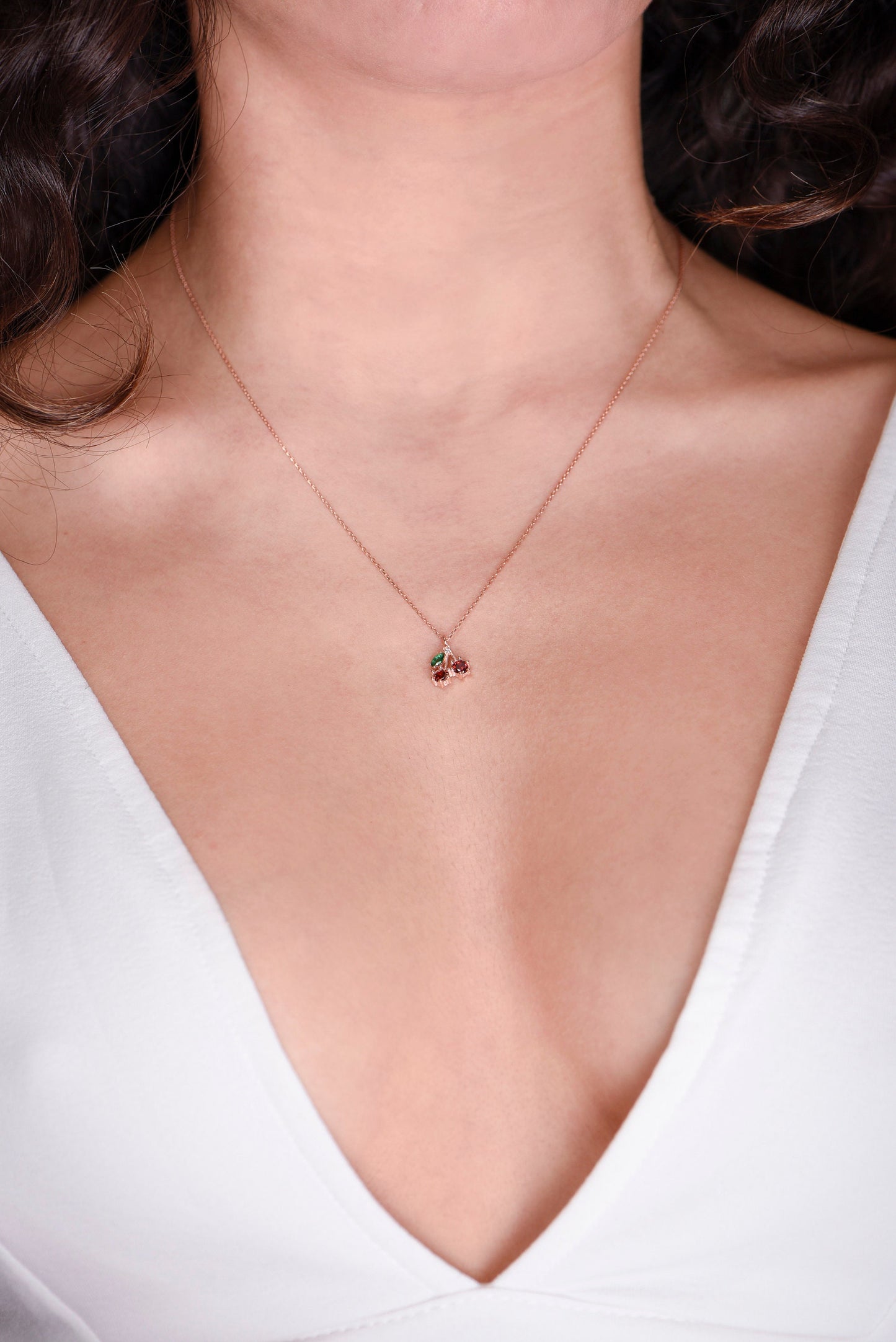 14K Rose Gold Cherry Necklace - Garnet, Emerald, and Diamond Pendant, Dainty Fine Jewelry Gift