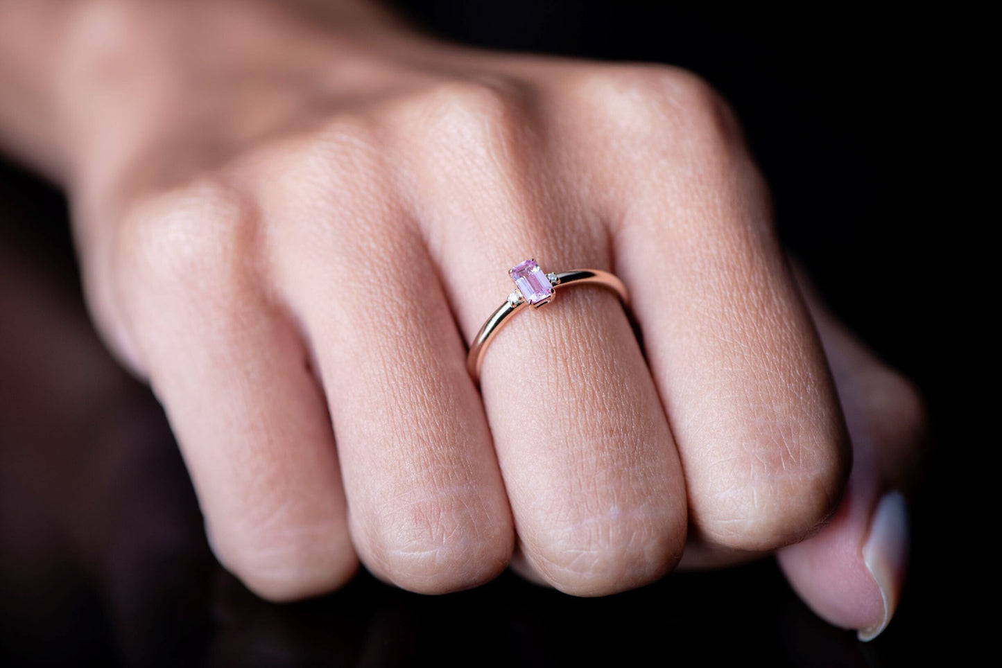 14K Rose Gold Pink Tourmaline Diamond Ring, October Birthstone Minimalist Ring, Customizable Fine Jewelry