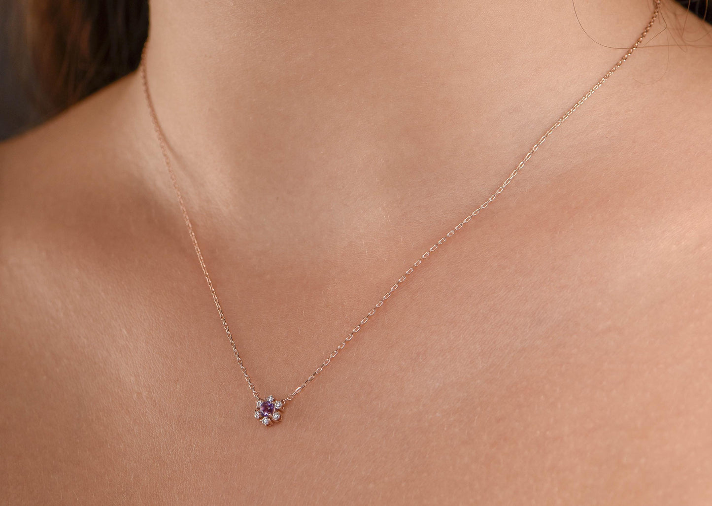 14K Yellow Gold Amethyst and Diamond Flower Necklace - Dainty Purple Gemstone Pendant for Her
