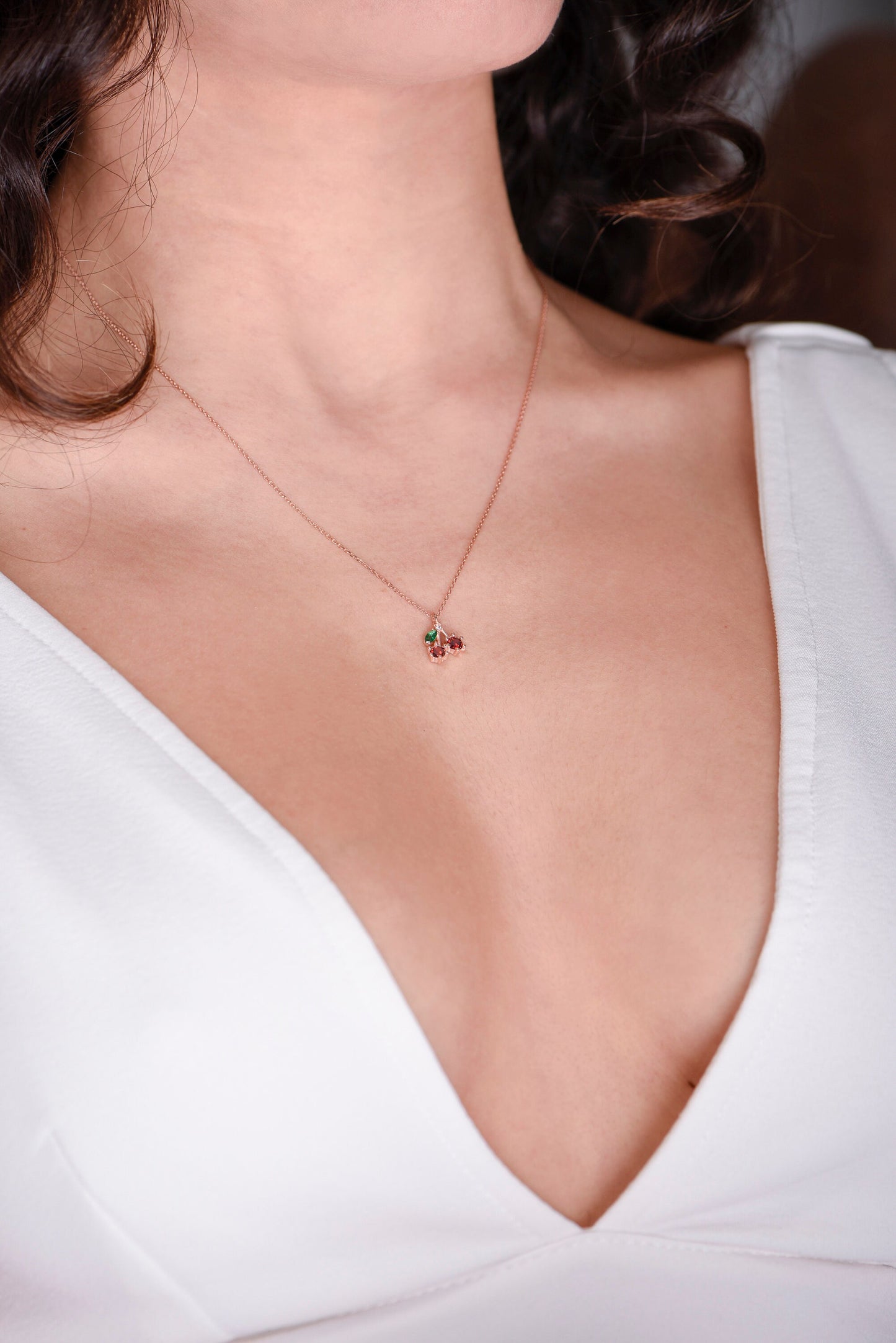 14K Rose Gold Cherry Necklace - Garnet, Emerald, and Diamond Pendant, Dainty Fine Jewelry Gift