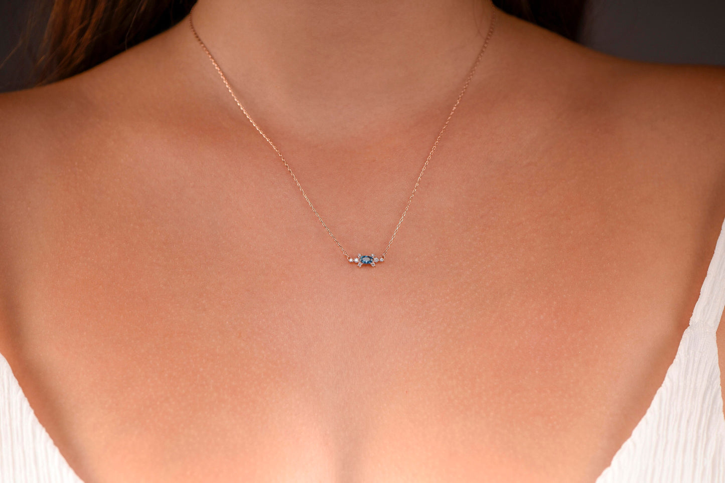 14K Rose Gold London Blue Topaz and Diamond Cluster Necklace - Oval Cut Gemstone Pendant for Her