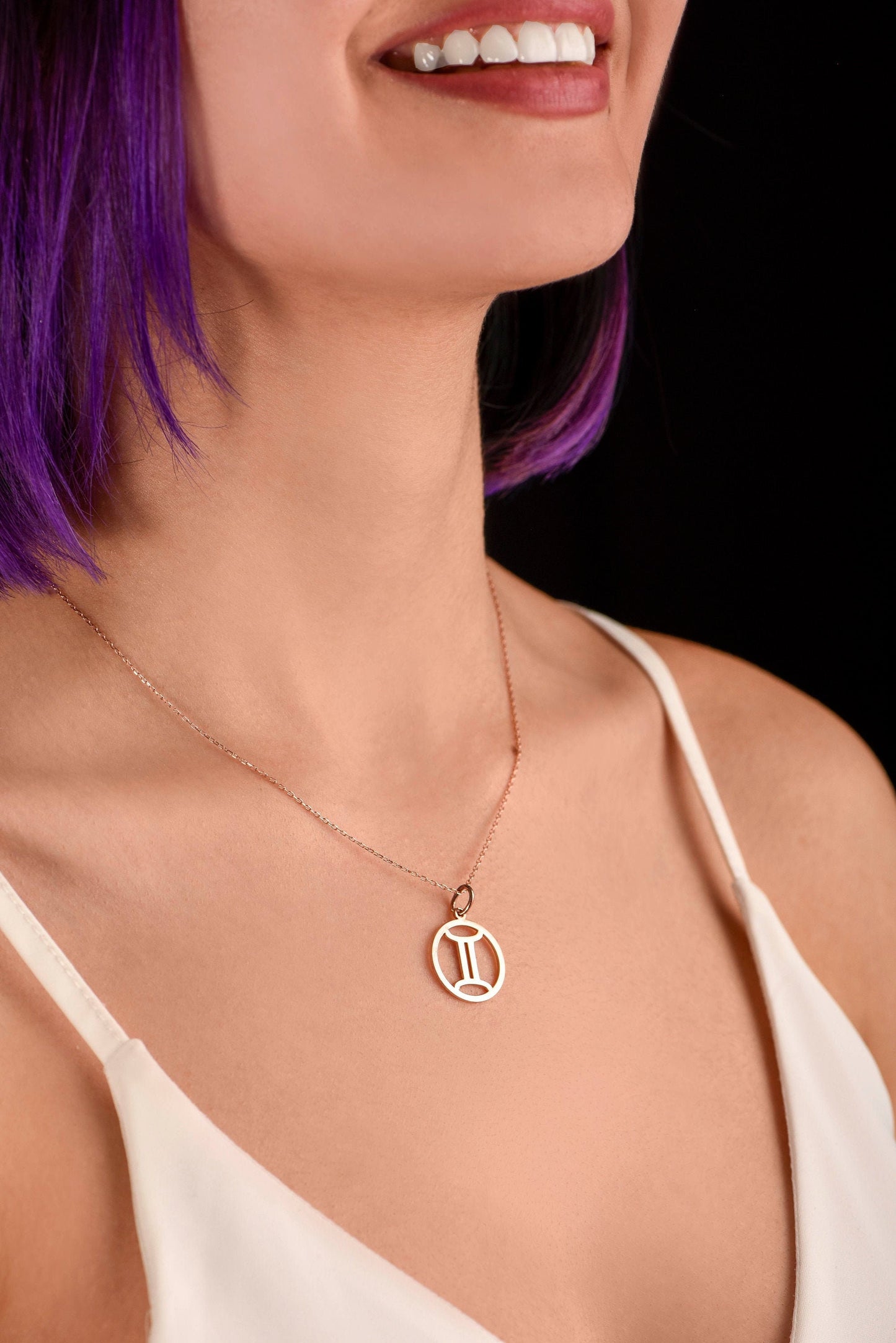 14K Solid Gold Gemini Zodiac Symbol Necklace,Rose Gold Gemini Zodiac Necklace,Dainty Gemini Zodiac Sign Charm Chain,Christmas Gift Necklace