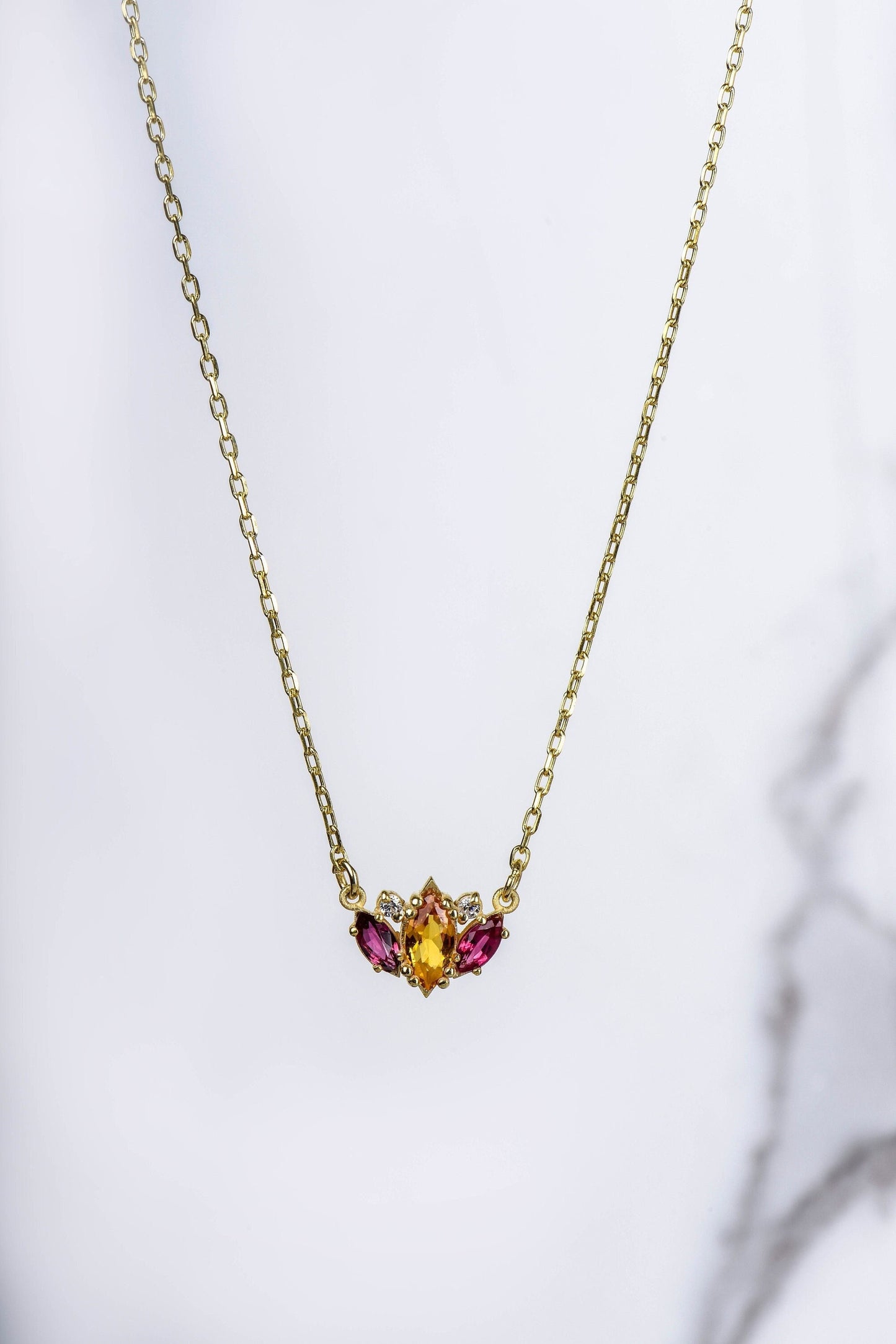 14K Yellow Gold Citrine and Garnet Necklace with Diamonds - Marquise Cut Gemstone Pendant for Her