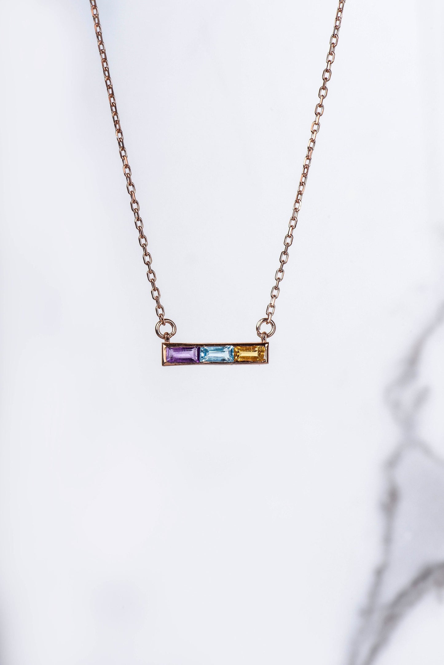 14K Yellow Gold Baguette Amethyst, Aquamarine, Citrine Necklace - Modern Triple Gemstone Bar Pendant