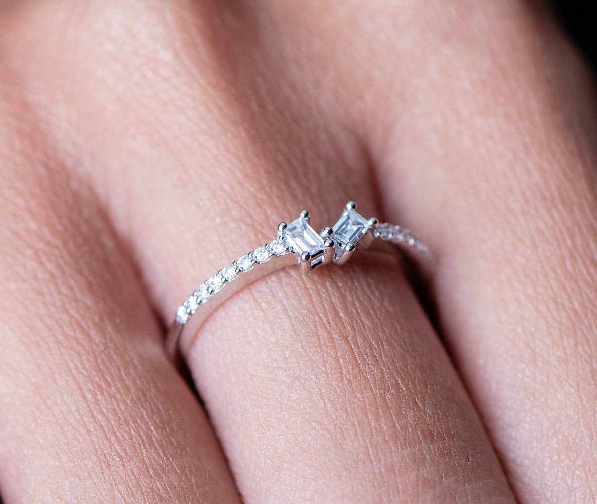 14K White Gold Baguette Diamond Ring with Round Accents, Dainty Thin Band Engagement or Gift Ring for Her